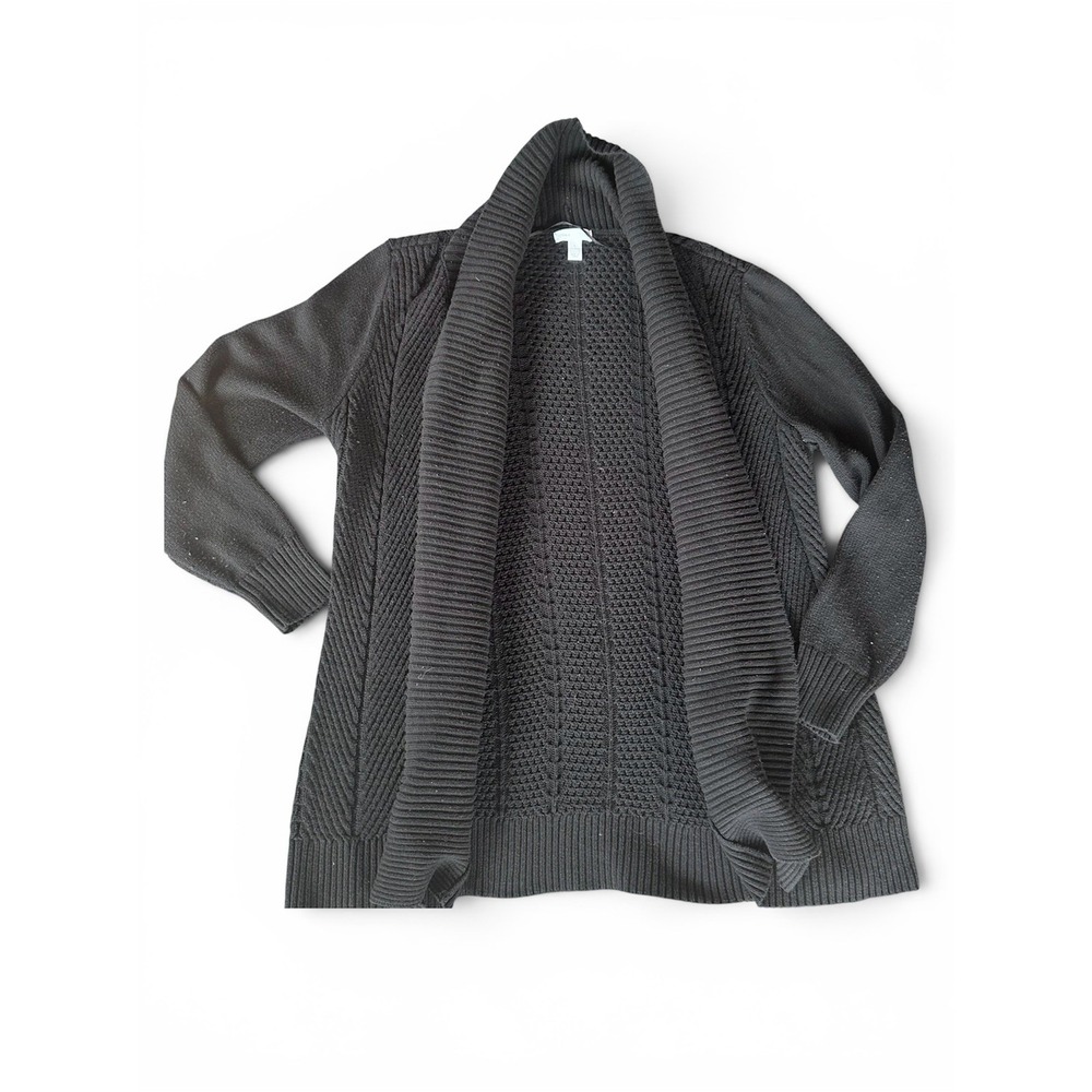 Charter Club Womens Black Textured Knit Open Front Shawl Collar Cardigan Large